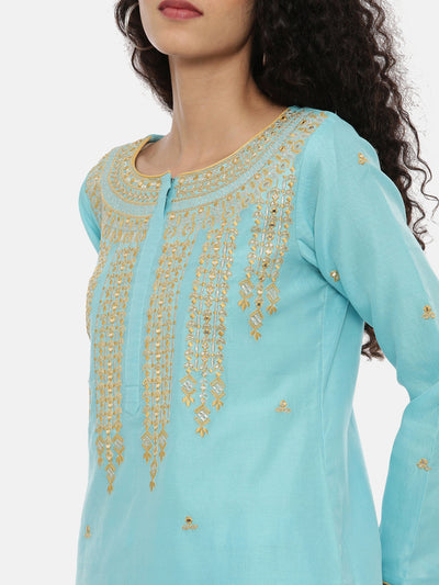 Neeru's Blue Embroidered Kurta With Pant & Dupatta