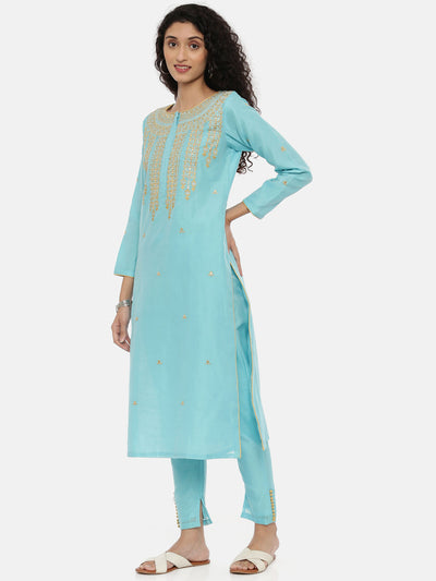 Neeru's Blue Embroidered Kurta With Pant & Dupatta
