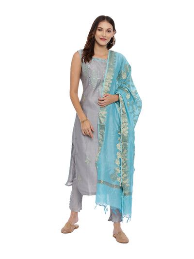 Neeru's Grey Embroidered Kurta With Pant & Dupatta