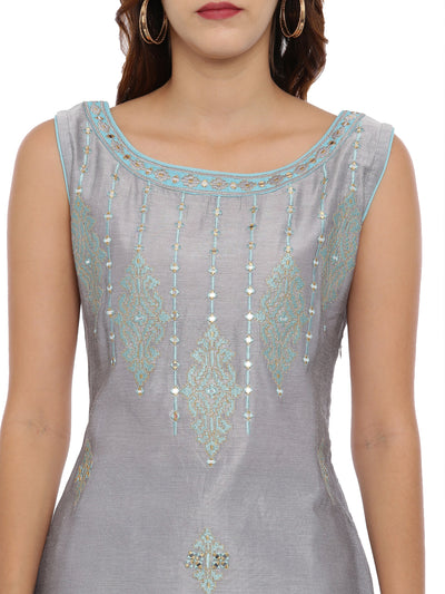 Neeru's Grey Embroidered Kurta With Pant & Dupatta