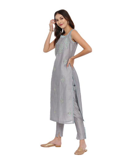 Neeru's Grey Embroidered Kurta With Pant & Dupatta