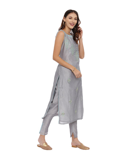 Neeru's Grey Embroidered Kurta With Pant & Dupatta