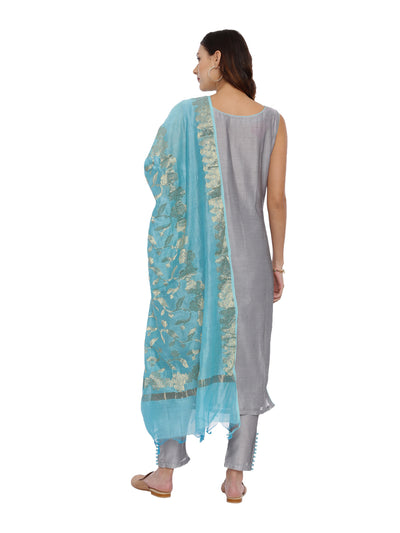 Neeru's Grey Embroidered Kurta With Pant & Dupatta