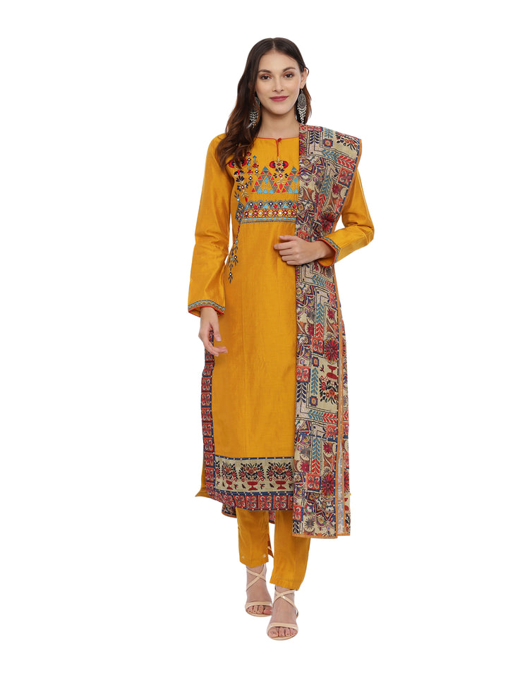 Neerus Mustard Embroidered Kurta With Pant & Dupatta
