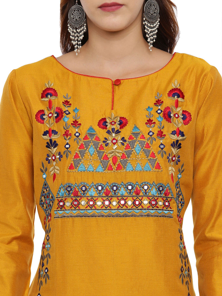Neerus Mustard Embroidered Kurta With Pant & Dupatta