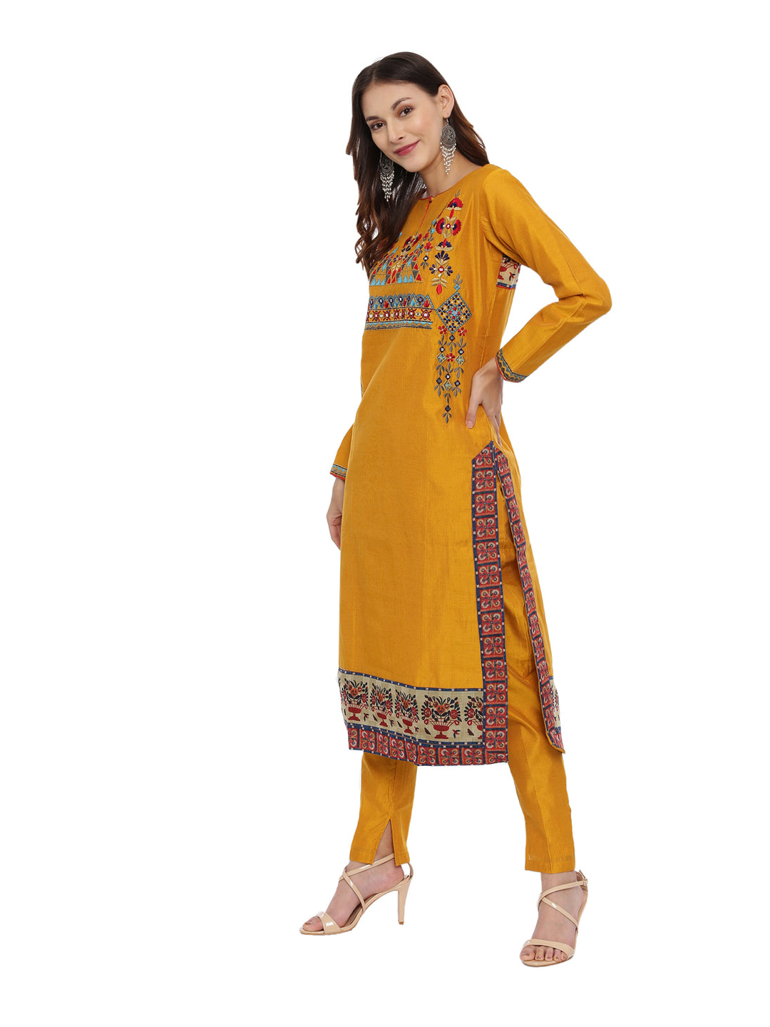 Neerus Mustard Embroidered Kurta With Pant & Dupatta