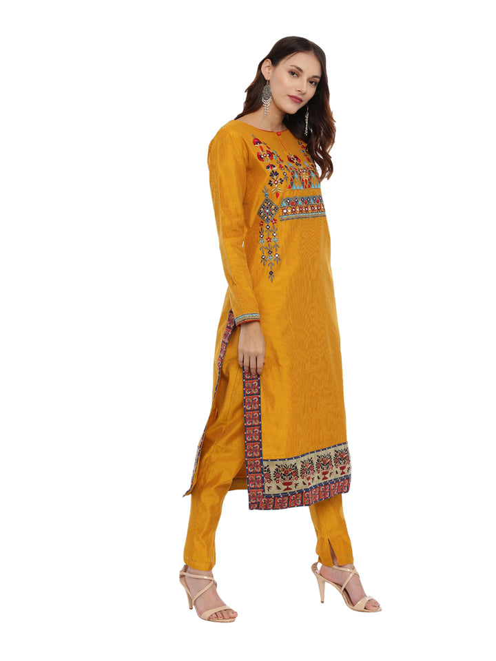 Neerus Mustard Embroidered Kurta With Pant & Dupatta