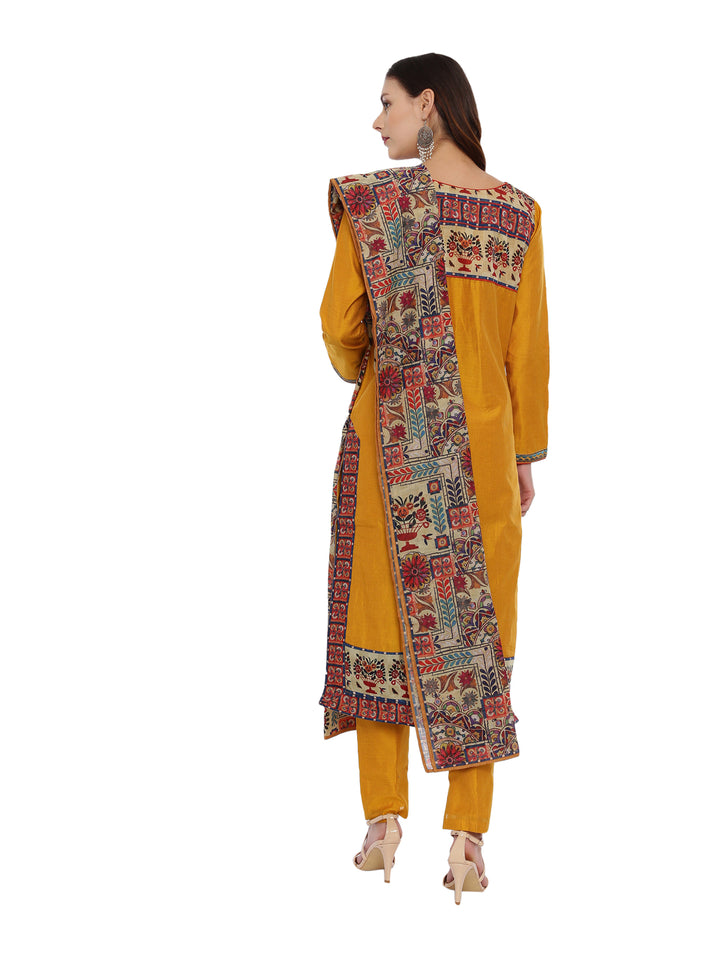 Neerus Mustard Embroidered Kurta With Pant & Dupatta