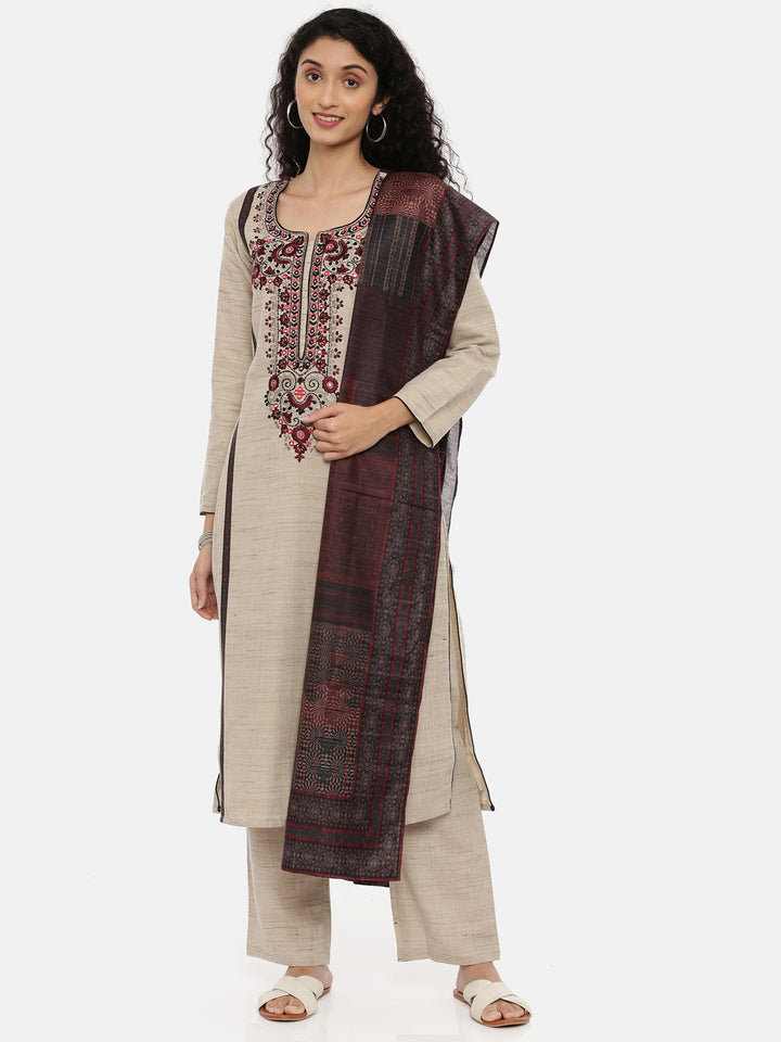 Neerus Beige Color Chanderi Fabric Full Sleeves Suit-Pant