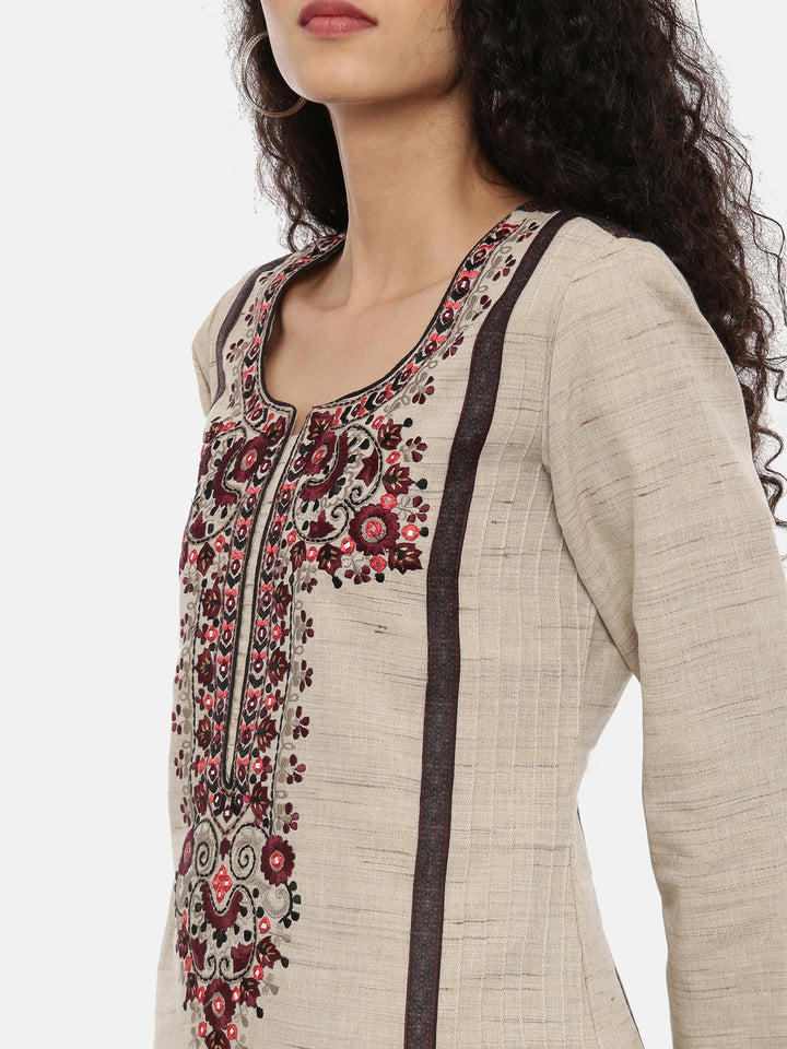 Neerus Beige Color Chanderi Fabric Full Sleeves Suit-Pant