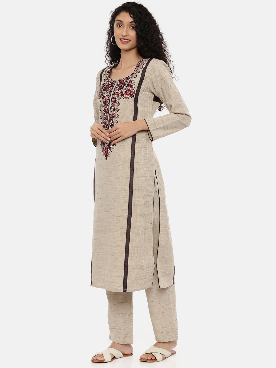 Neeru's Beige Color Chanderi Fabric Full Sleeves Suit-Pant