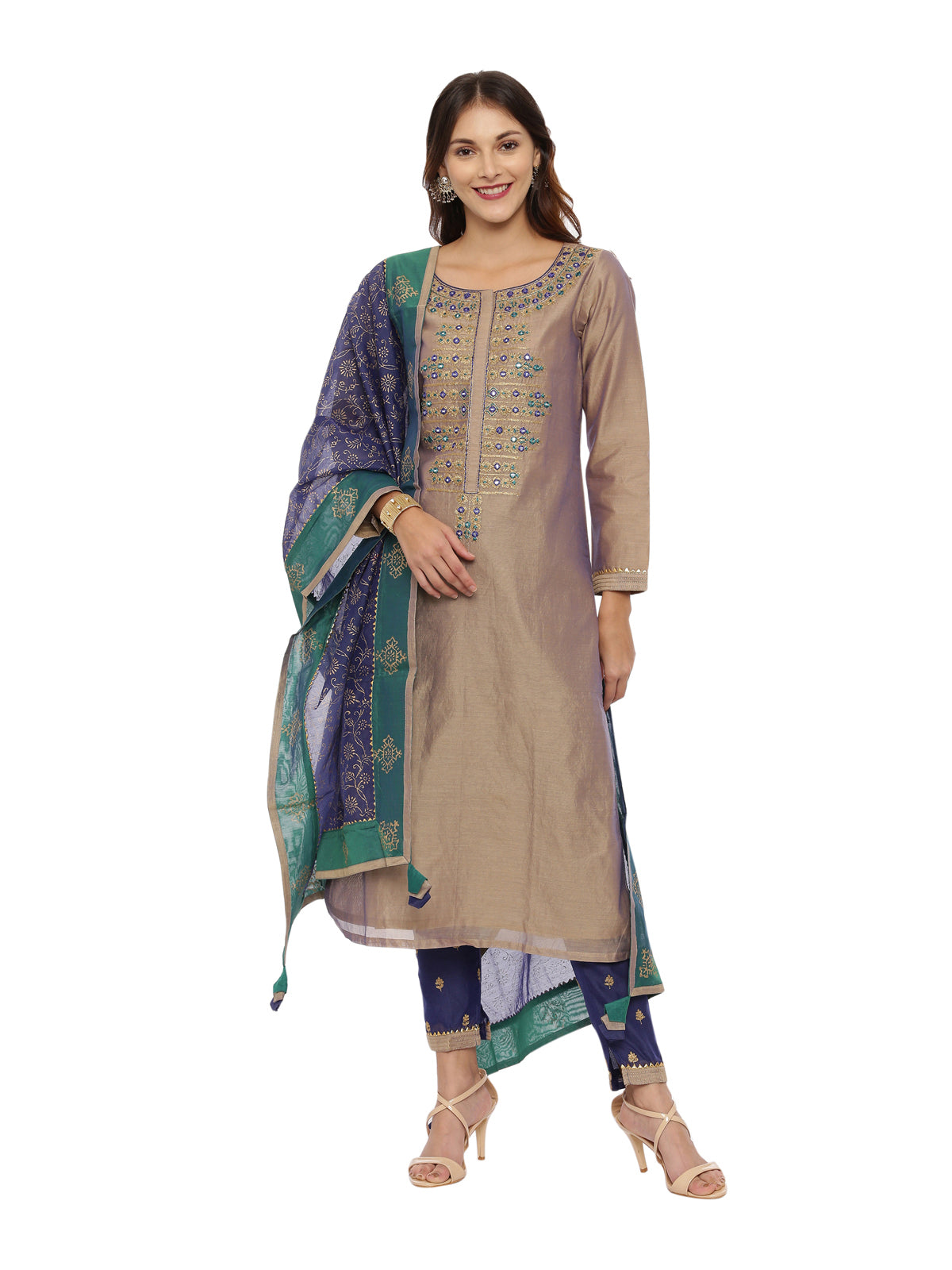 Neeru's Beige & Blue Embroidered Kurta With Pant & Dupatta