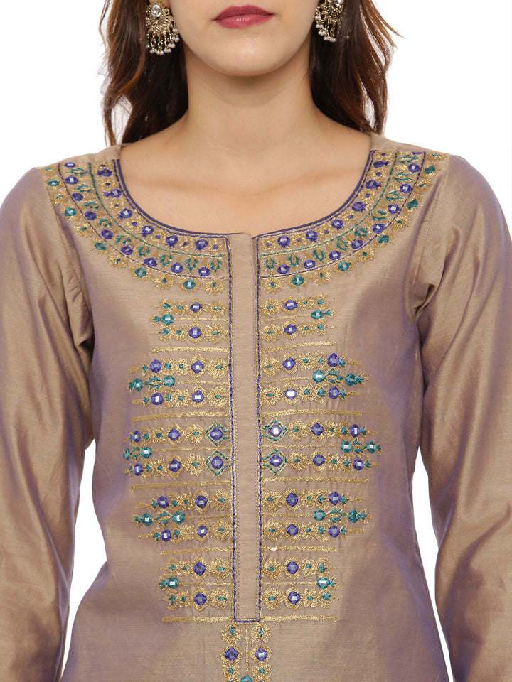 Neerus Beige & Blue Embroidered Kurta With Pant & Dupatta