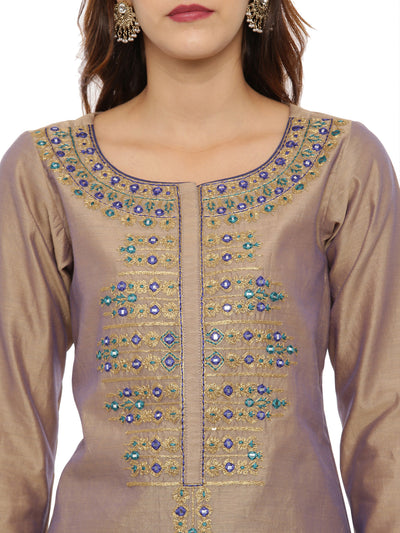 Neeru's Beige & Blue Embroidered Kurta With Pant & Dupatta