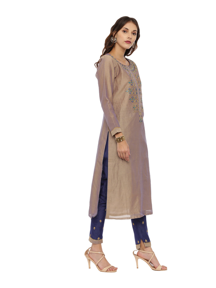 Neerus Beige & Blue Embroidered Kurta With Pant & Dupatta
