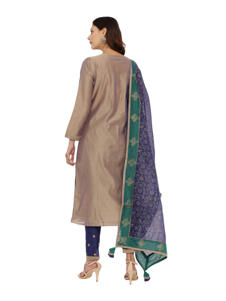 Neerus Beige & Blue Embroidered Kurta With Pant & Dupatta