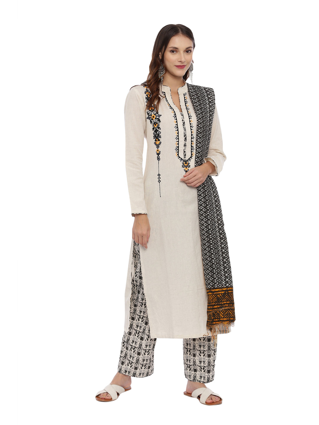 Neerus Off White Embroidered Kurta With Palazzo & Dupatta