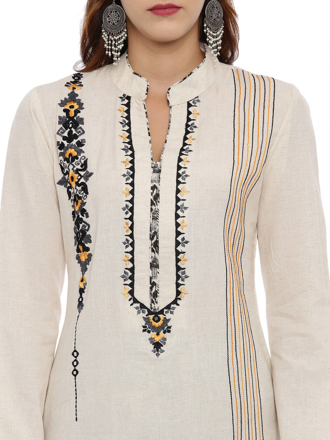 Neerus Off White Embroidered Kurta With Palazzo & Dupatta