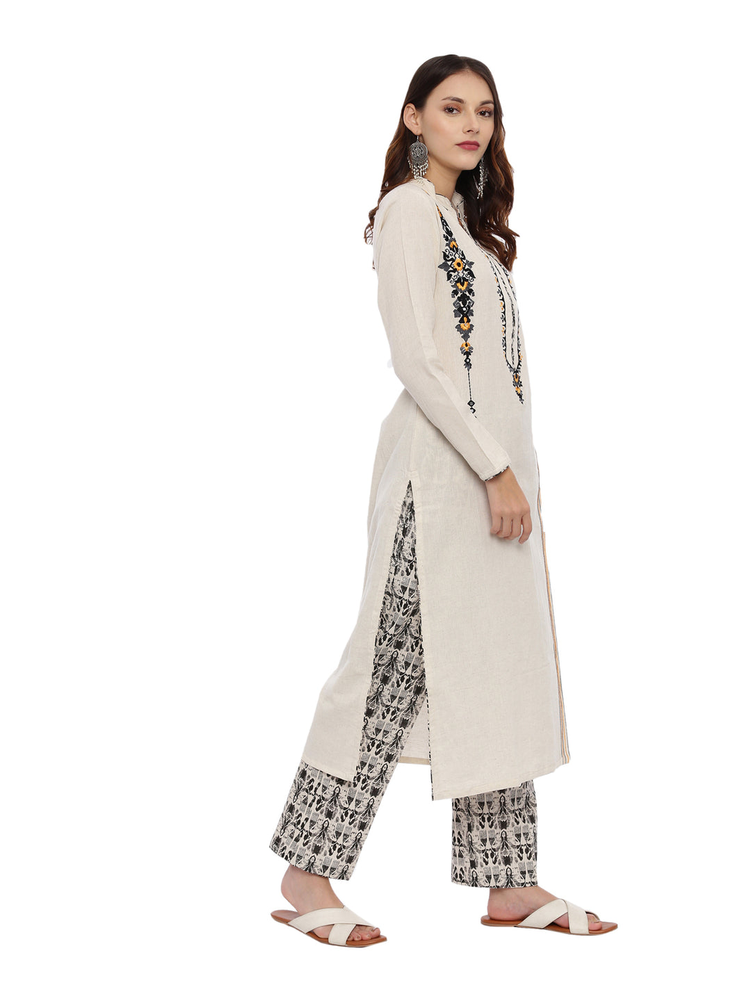 Neerus Off White Embroidered Kurta With Palazzo & Dupatta