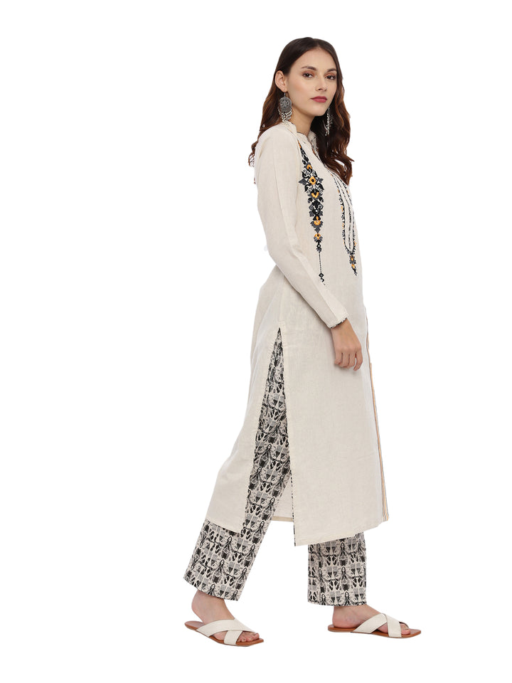 Neerus Off White Embroidered Kurta With Palazzo & Dupatta