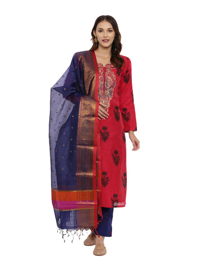 Neeru's Red & Blue Embroidered Kurta With Pant & Dupatta