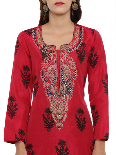 Neeru's Red & Blue Embroidered Kurta With Pant & Dupatta