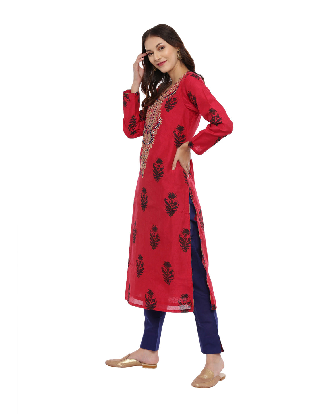 Neerus Red embroidered kurta set with pant and dupatta - detail view 3