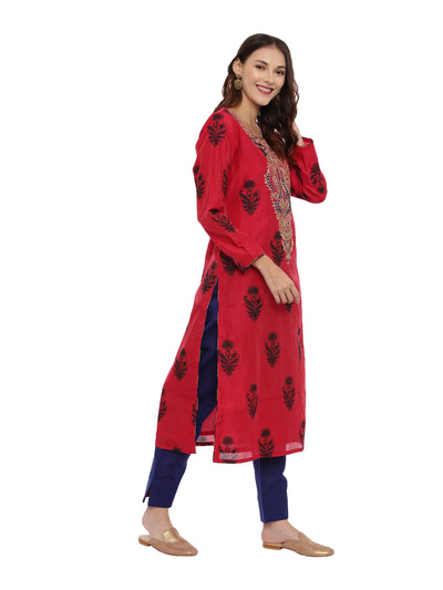 Neeru's Red & Blue Embroidered Kurta With Pant & Dupatta
