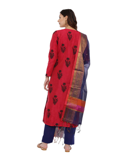 Neeru's Red & Blue Embroidered Kurta With Pant & Dupatta