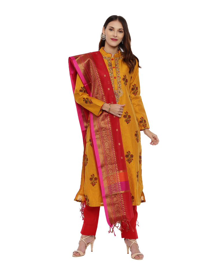 Neerus Yellow printed kurta set with pant and dupatta - front view