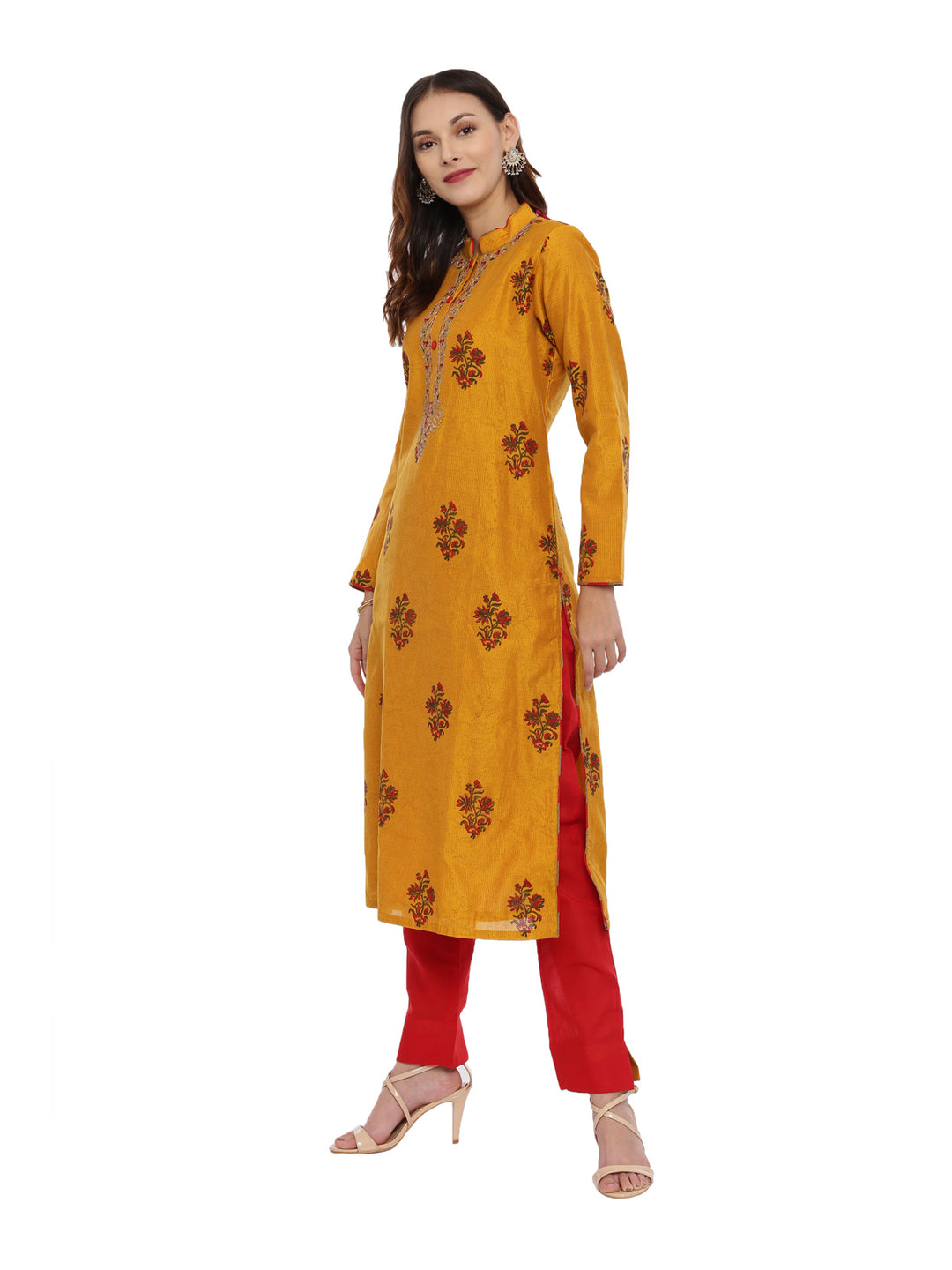 Neerus Yellow printed kurta set with pant and dupatta - detail view 2
