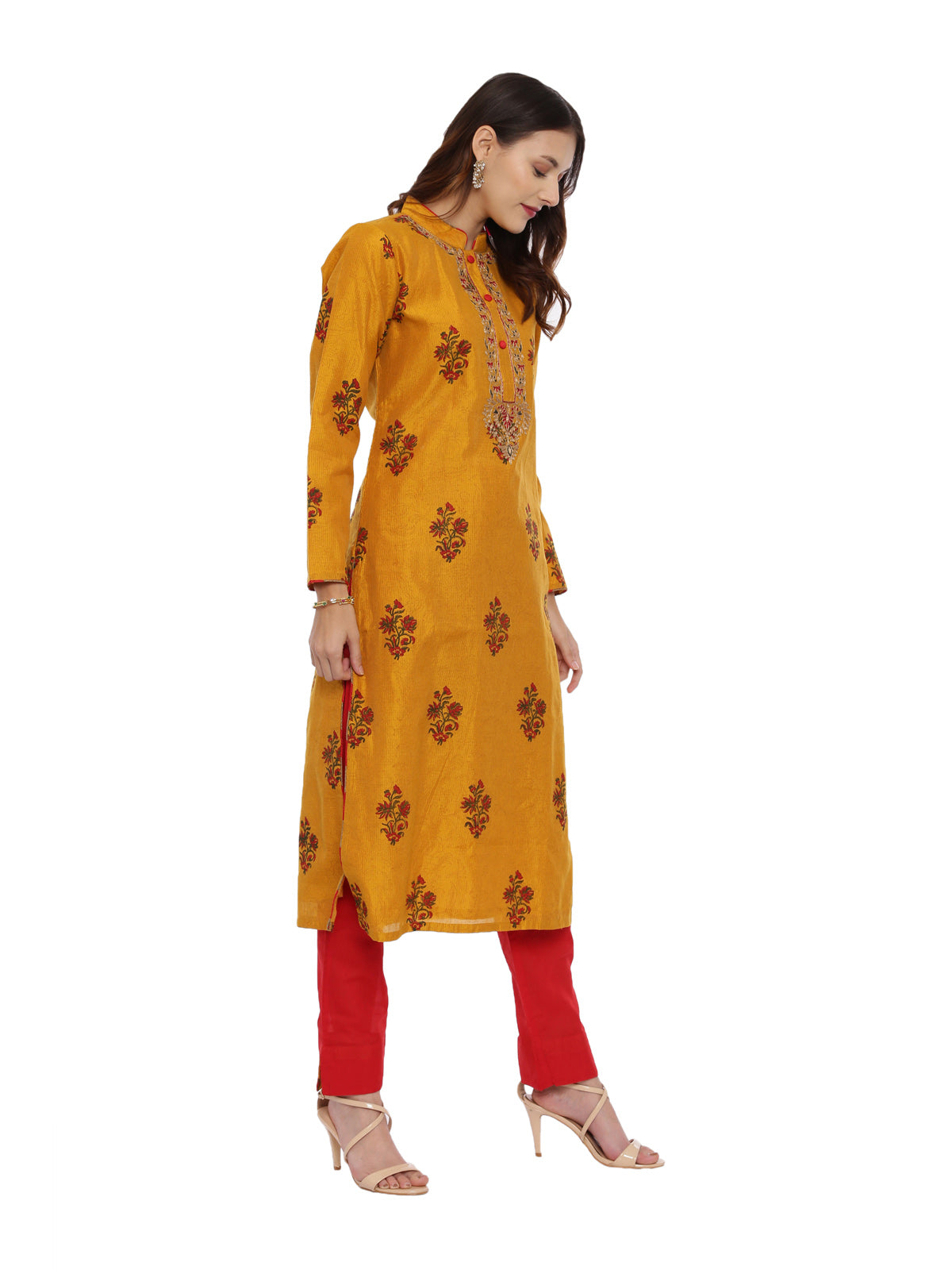 Neeru's Mustard & Red Printed Kurta With Pant & Dupatta