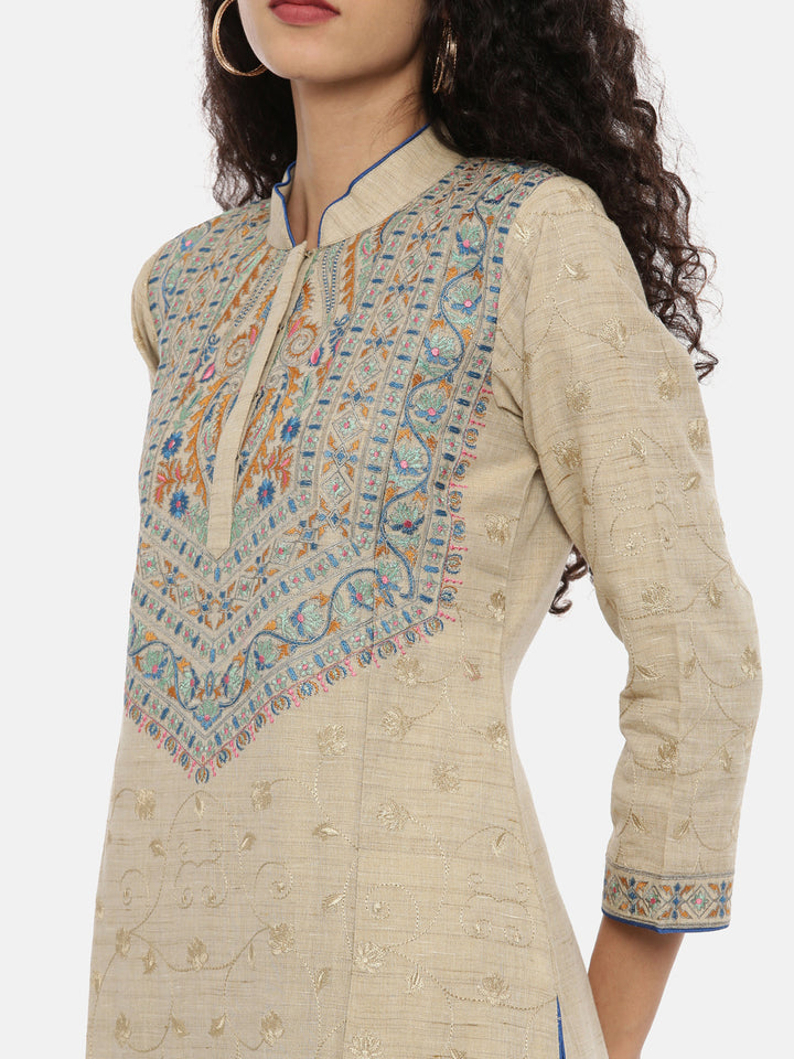 Neerus Beige Embroidered Kurta With Palazzo & Dupatta