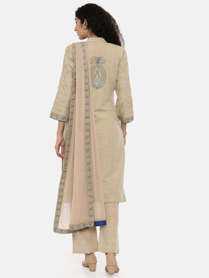 Neerus Beige Embroidered Kurta With Palazzo & Dupatta
