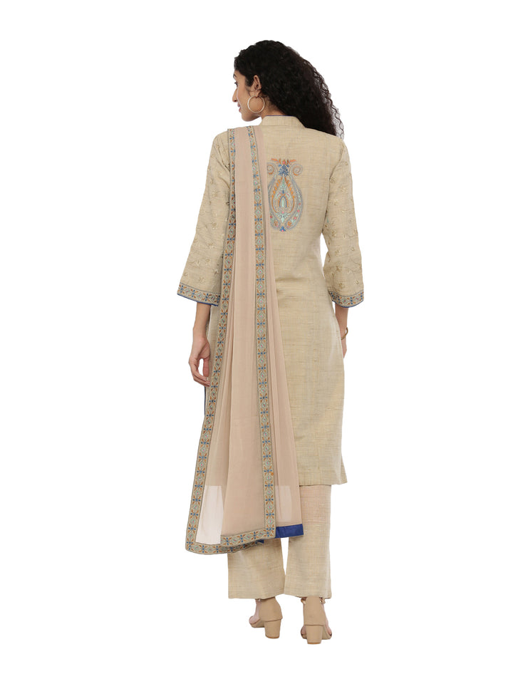Neerus Beige Embroidered Kurta With Palazzo & Dupatta