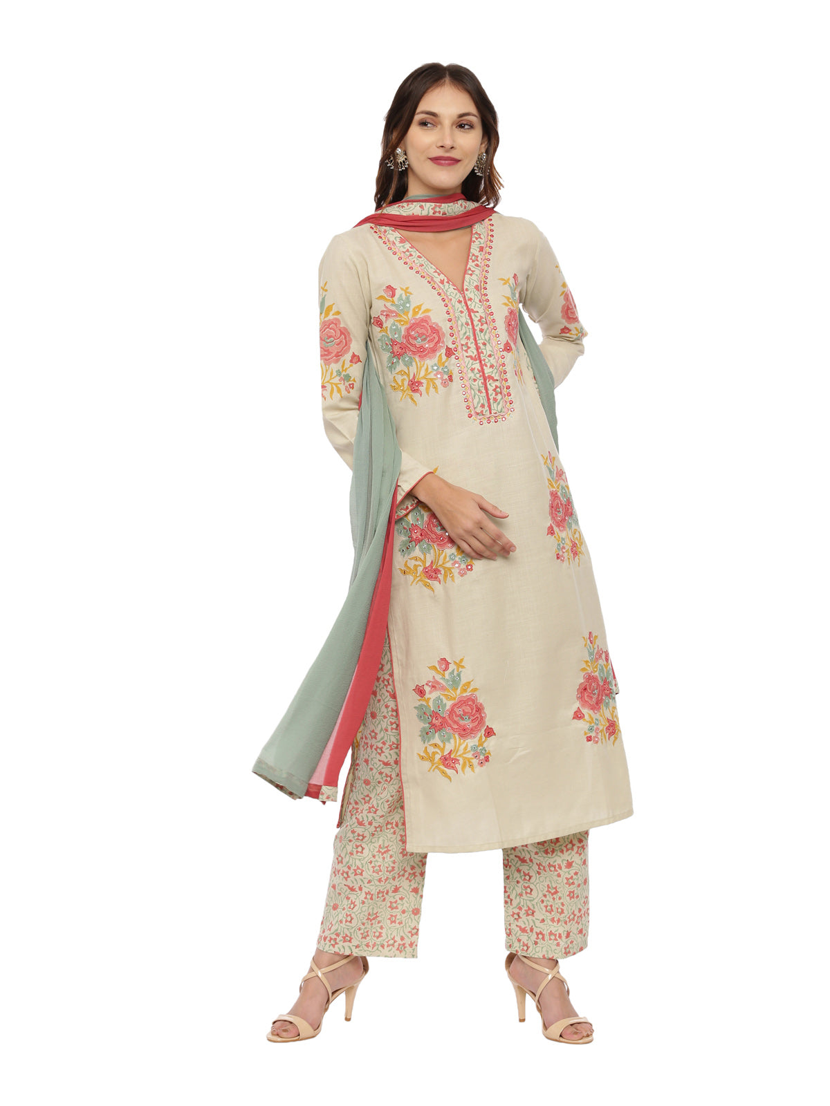 Neeru'S Beige Color, Handloom Fabric Full Sleeves Suit-Pant