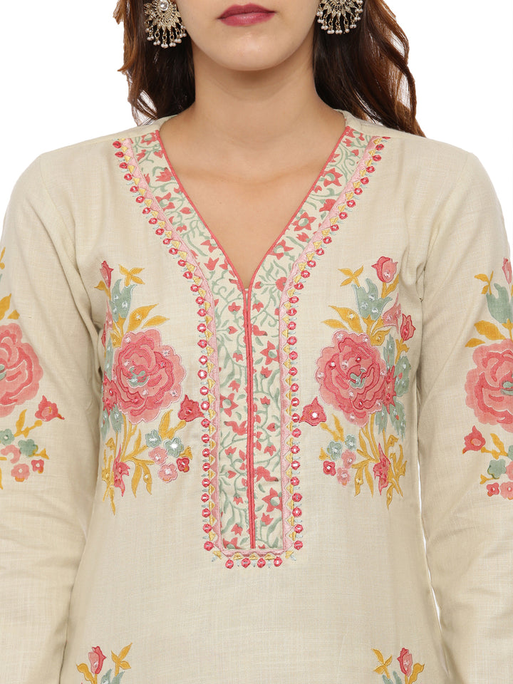 Neerus Beige Color Handloom Fabric Full Sleeves Suit-Pant