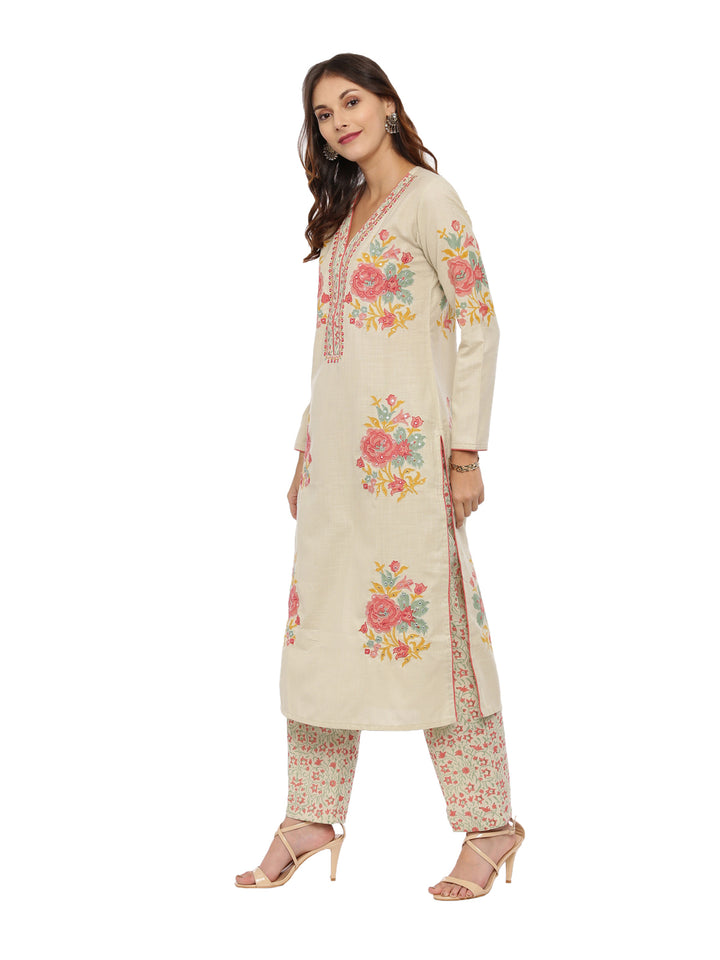 Neerus Beige Color Handloom Fabric Full Sleeves Suit-Pant