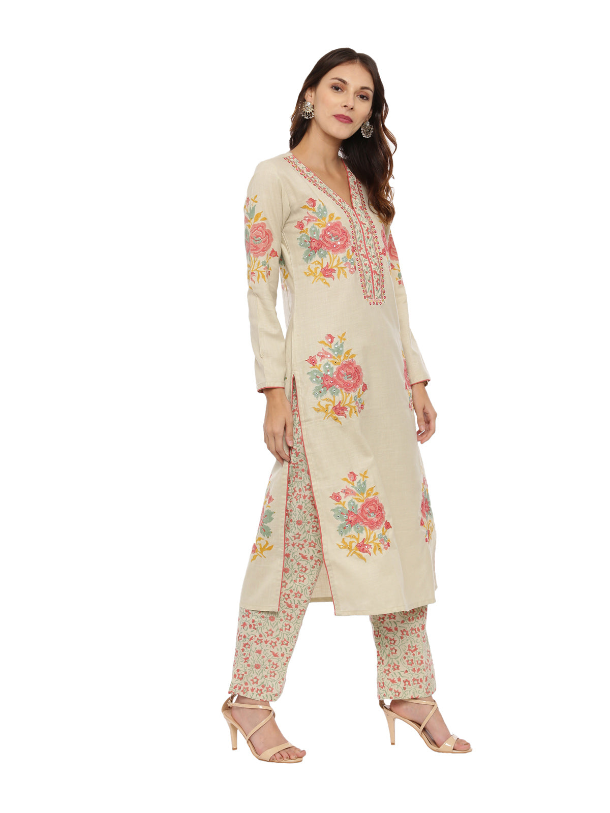 Neeru'S Beige Color, Handloom Fabric Full Sleeves Suit-Pant