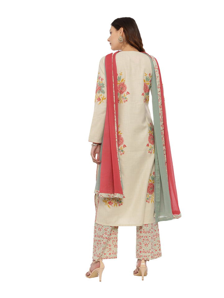 Neerus Beige Color Handloom Fabric Full Sleeves Suit-Pant