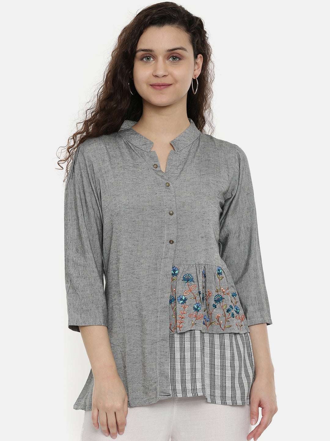 Neerus Women Grey Solid Tunic With Embroidered Detail