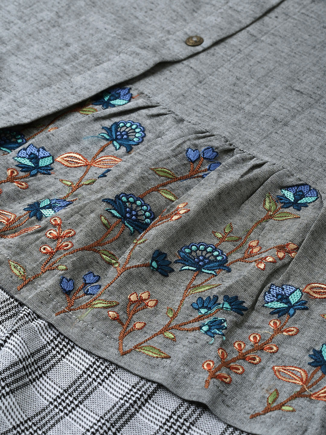 Neerus Women Grey Solid Tunic With Embroidered Detail