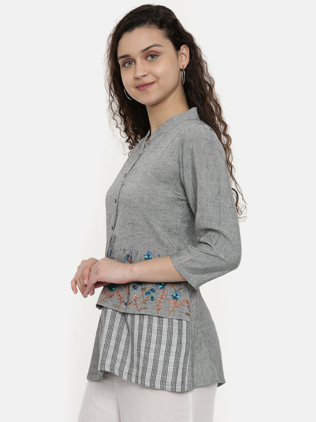 Neerus Women Grey Solid Tunic With Embroidered Detail