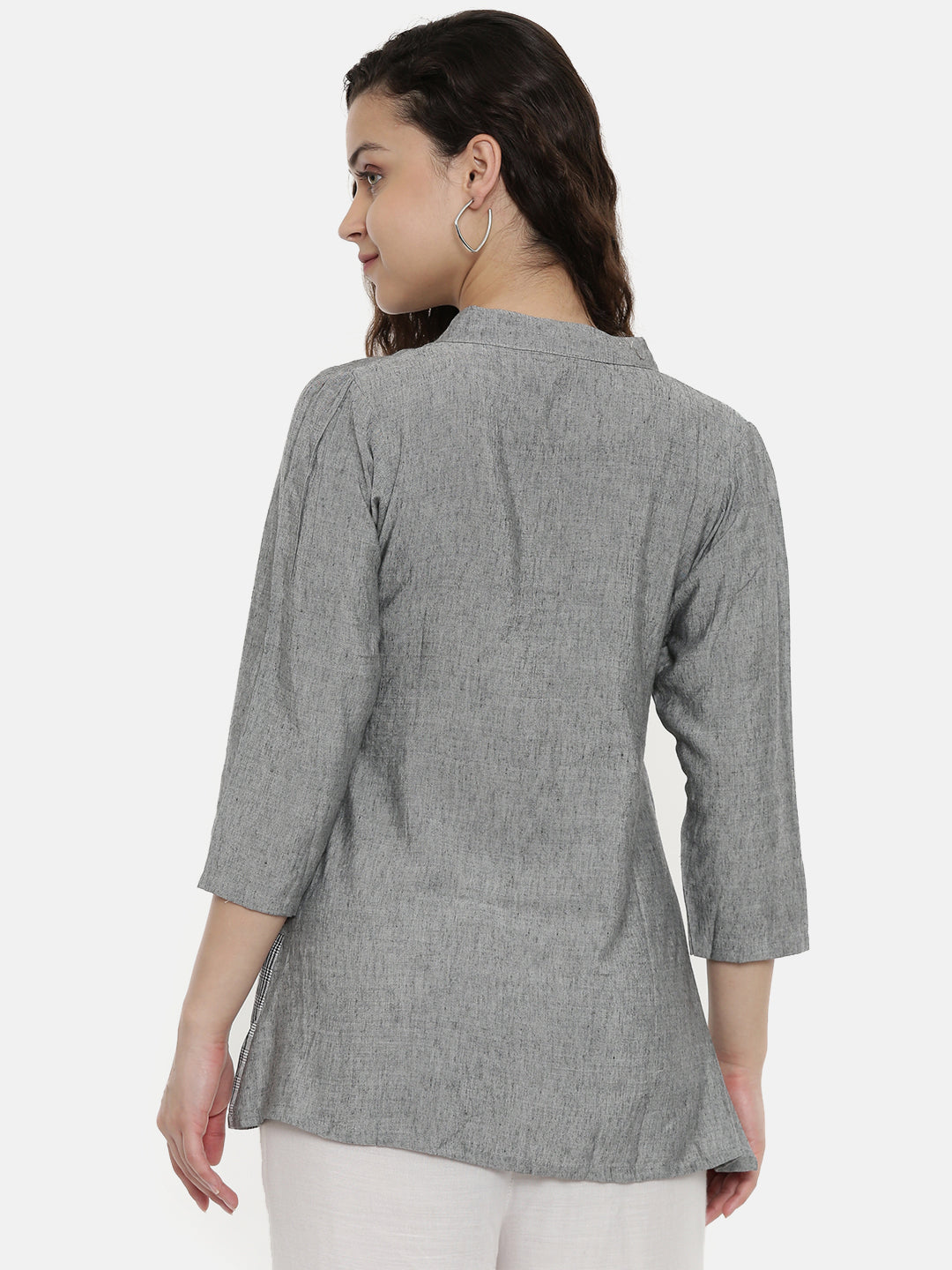 Neerus Women Grey Solid Tunic With Embroidered Detail