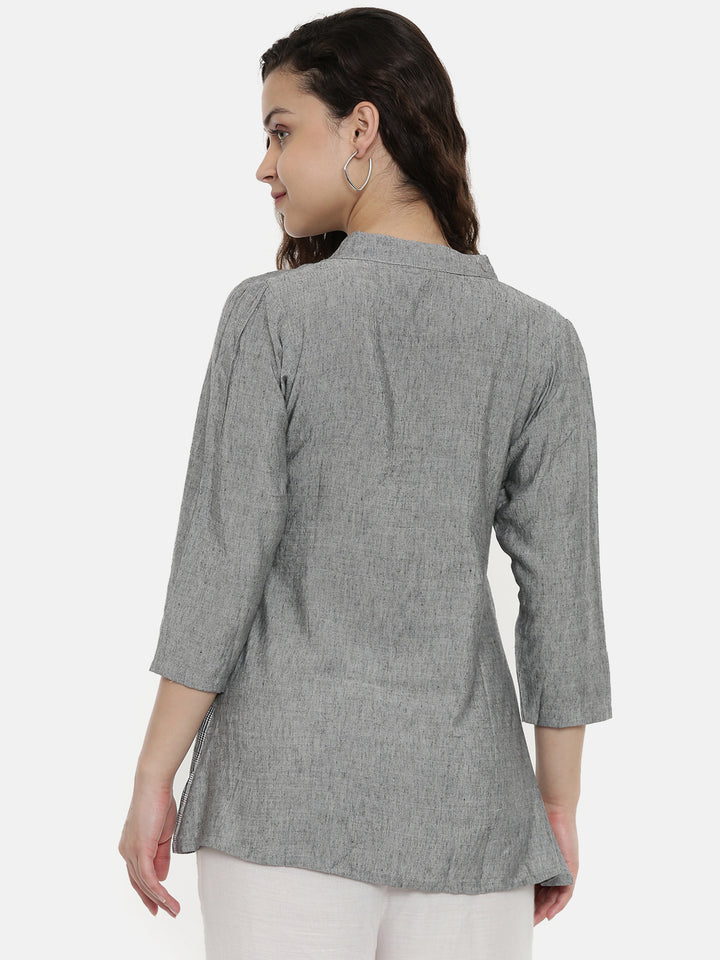 Neerus Women Grey Solid Tunic With Embroidered Detail