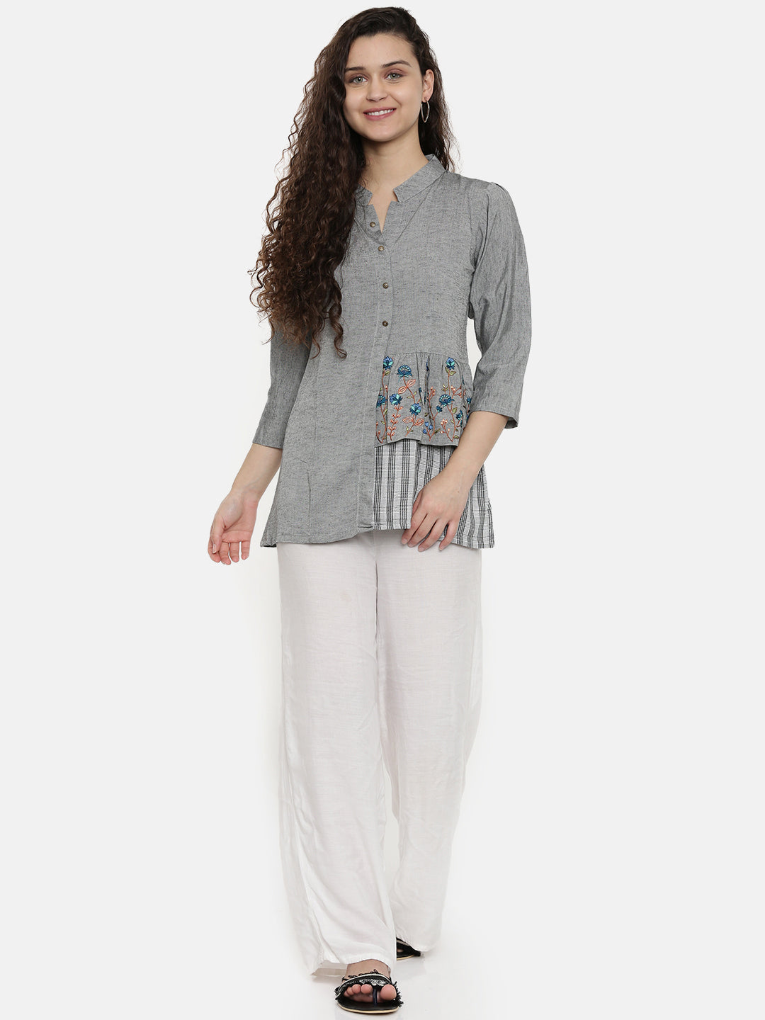 Neerus Women Grey Solid Tunic With Embroidered Detail