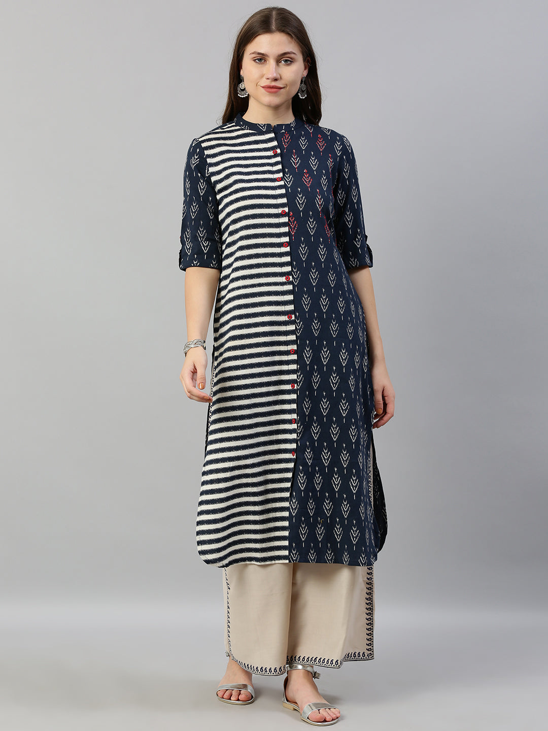 Neeru's Women Navy Blue White Striped Straight Kurta