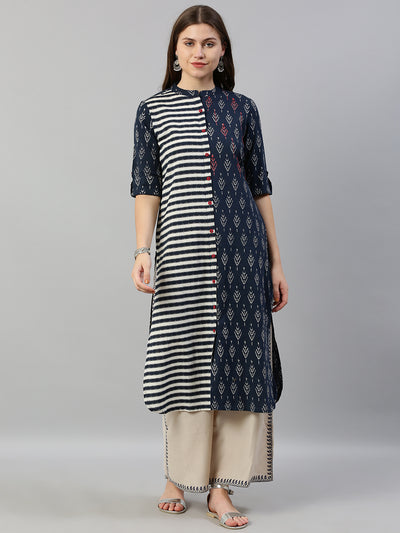 Neeru's Women Navy Blue White Striped Straight Kurta