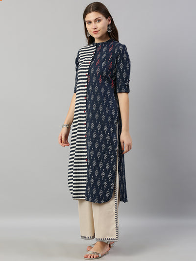 Neeru's Women Navy Blue White Striped Straight Kurta