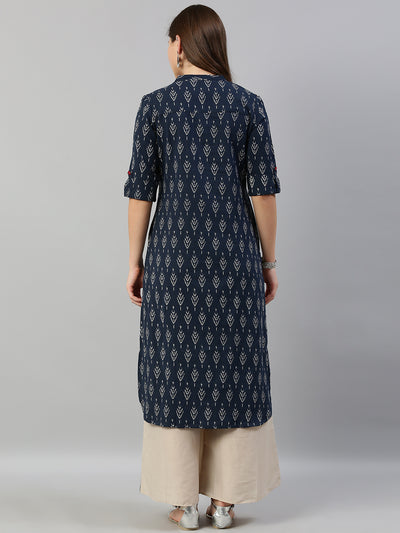 Neeru's Women Navy Blue White Striped Straight Kurta